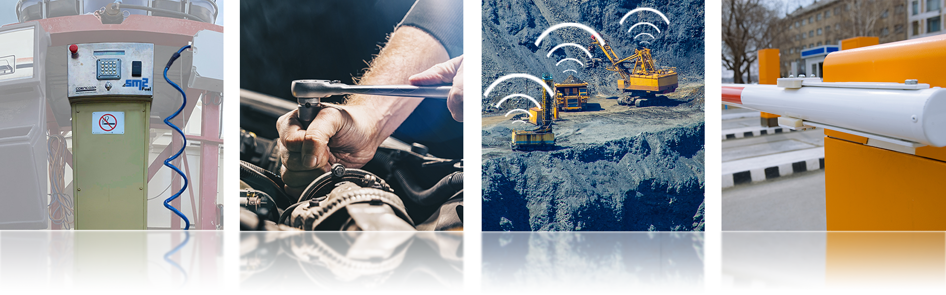 fuel pump controller beside a mechanic fixing an engine, open pit mining fleet at work and a secure yard gate.