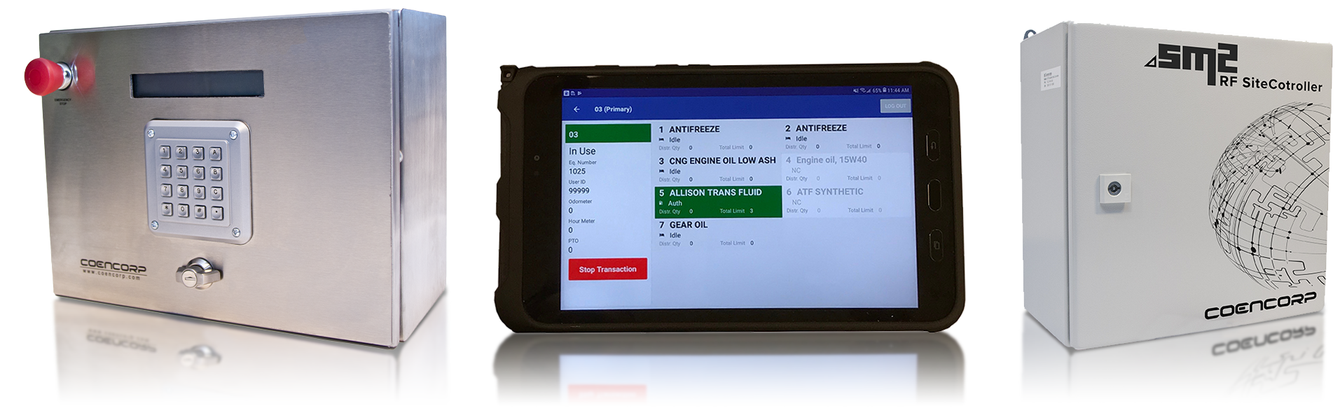 Coencorp SM2 Fuel Island Terminal beside a Tablet Terminal and Site Controller making up the industry's most advanced Fleet Fuel Management Hardware