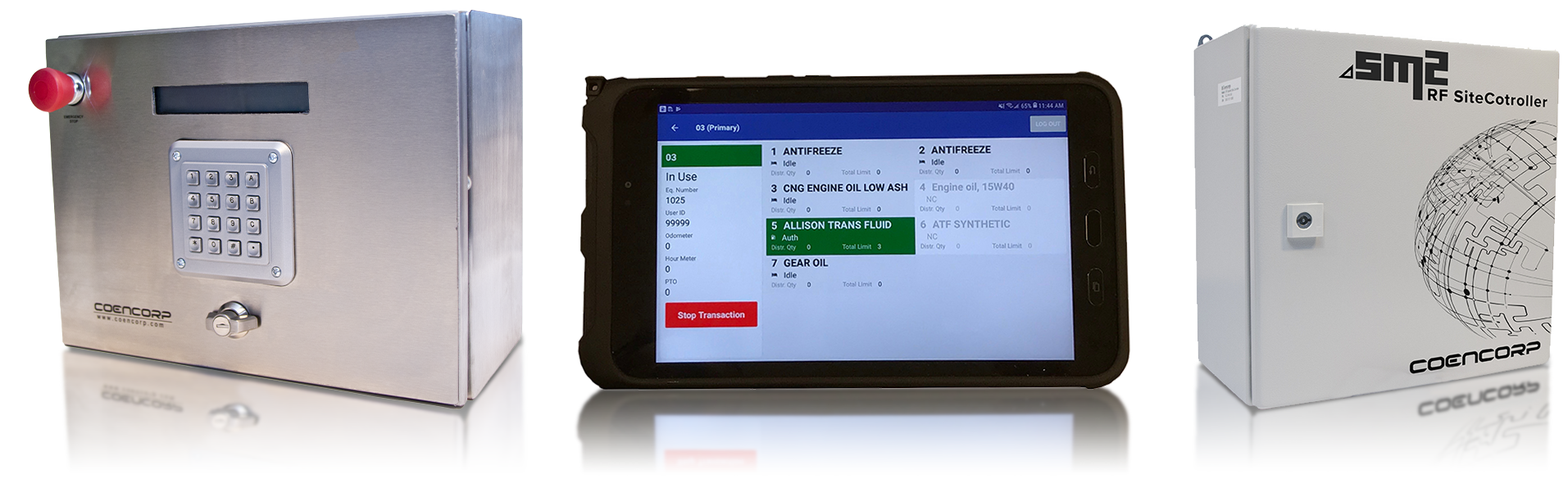 Coencorp SM2 Fuel Island Terminal beside a Tablet Terminal and Site Controller making up the industry's most advanced Fleet Fuel Management Hardware Coencorp SM2 Fuel Island Terminal beside a Tablet Terminal and Site Controller making up the industry's most advanced Fleet Fuel Management Hardware