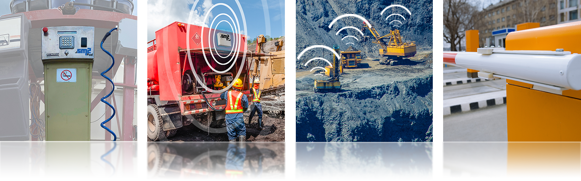 Pump controller beside a mobile transfer tanker truck beside an open pit mining fleet working and finally a secure yard gate.