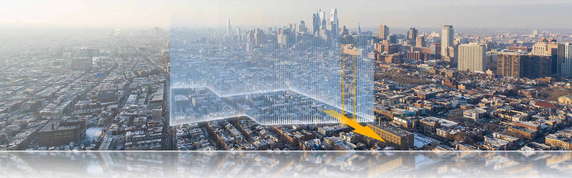 Aerial view of city with geofenced area highlighted. Aerial view of city with geofenced area highlighted.