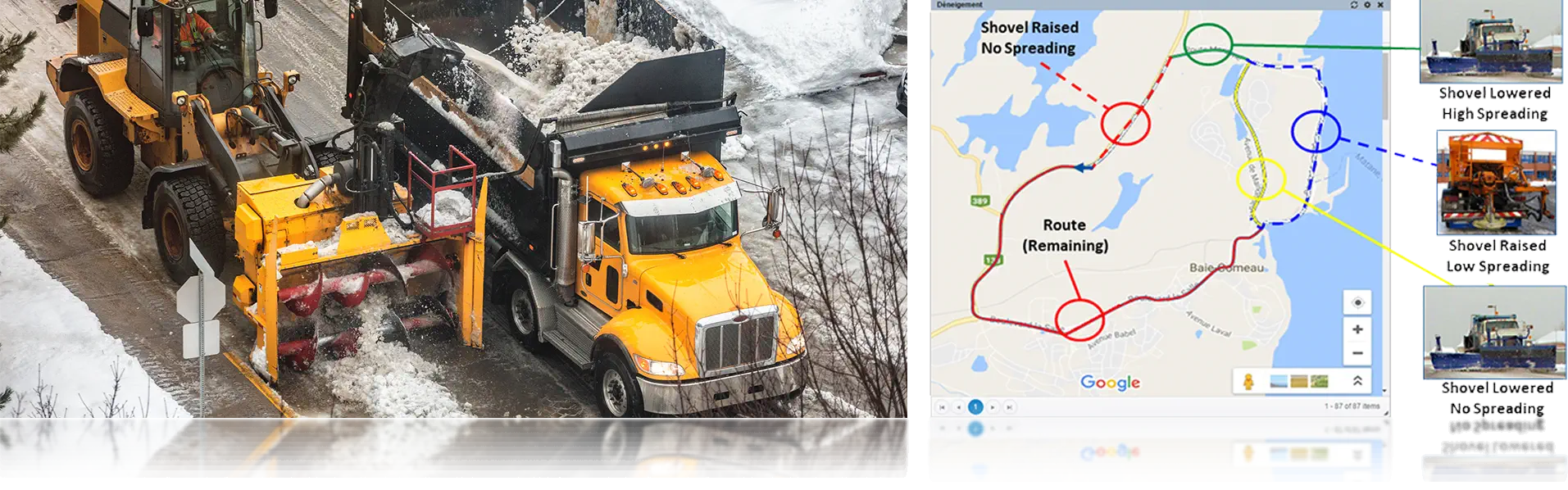 A municipal snow plow and truck removing snow while connected to Coencorp's SM2 Locate fleet telematics GPS asset Management System
