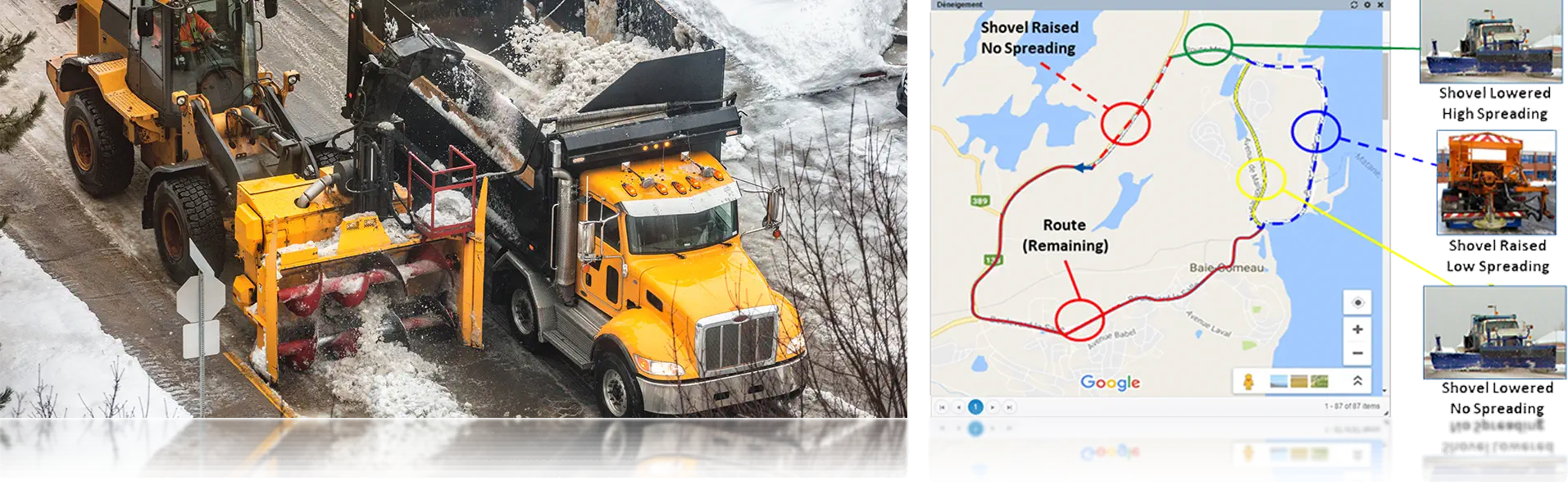 A municipal snow plow and truck removing snow while connected to Coencorp's SM2 Locate fleet telematics GPS asset Management System A municipal snow plow and truck removing snow while connected to Coencorp's SM2 Locate fleet telematics GPS asset Management System