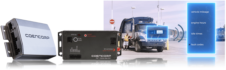 Coencorp's vehicle data units to relay vital engine data to the fleet management system.