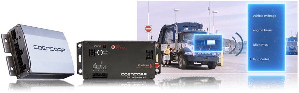 Coencorp's vehicle data units to relay vital engine data to the fleet management system. Coencorp's vehicle data units to relay vital engine data to the fleet management system.