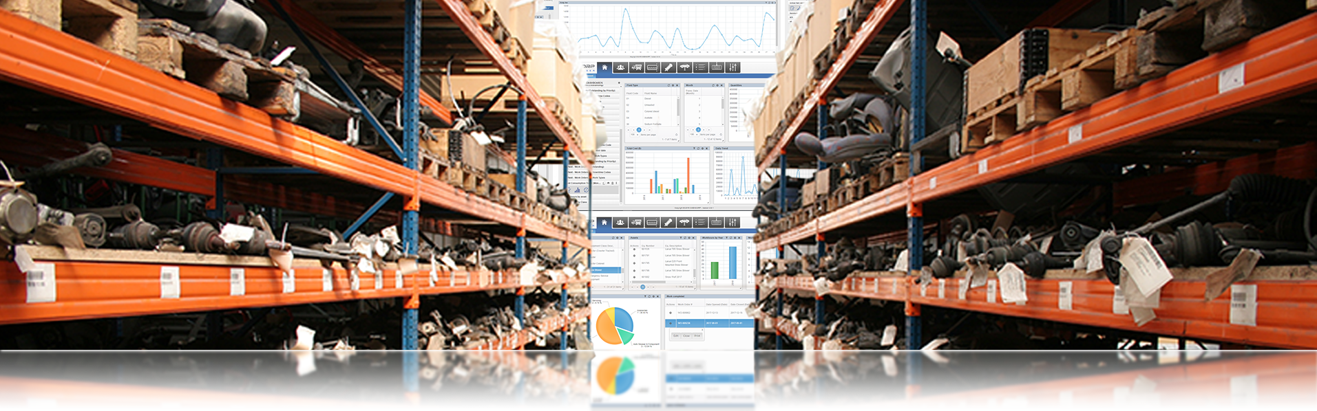 Two rows of industrial orange colored shelving holding vehicle parts and management by Coencorp's SM2 Maintain fleet management software solutions