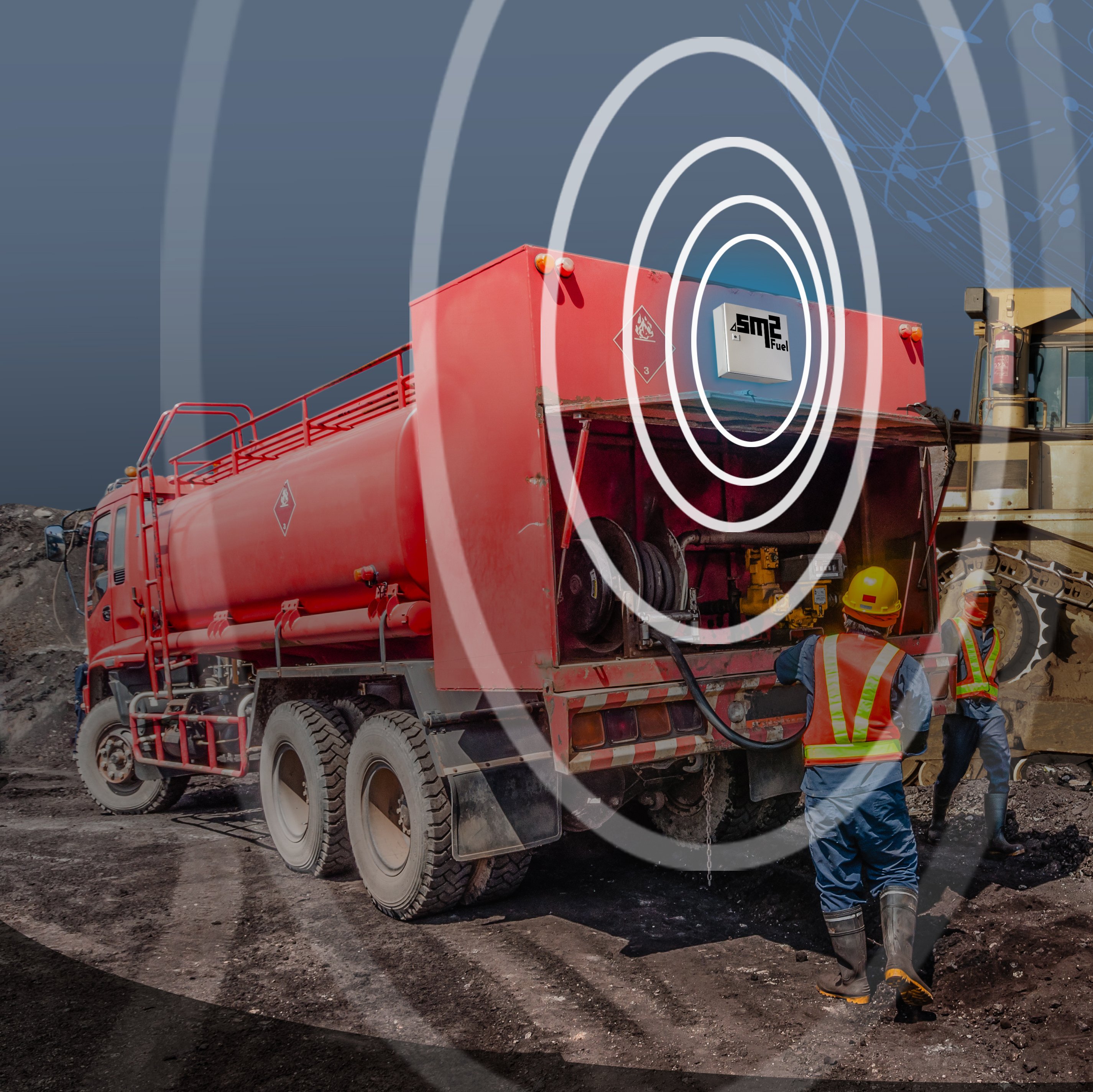 Worker behind a fuel truck in a construction field filling construction vehicles with fuel using SM2 Fuel Tanker Management System from Coencorp