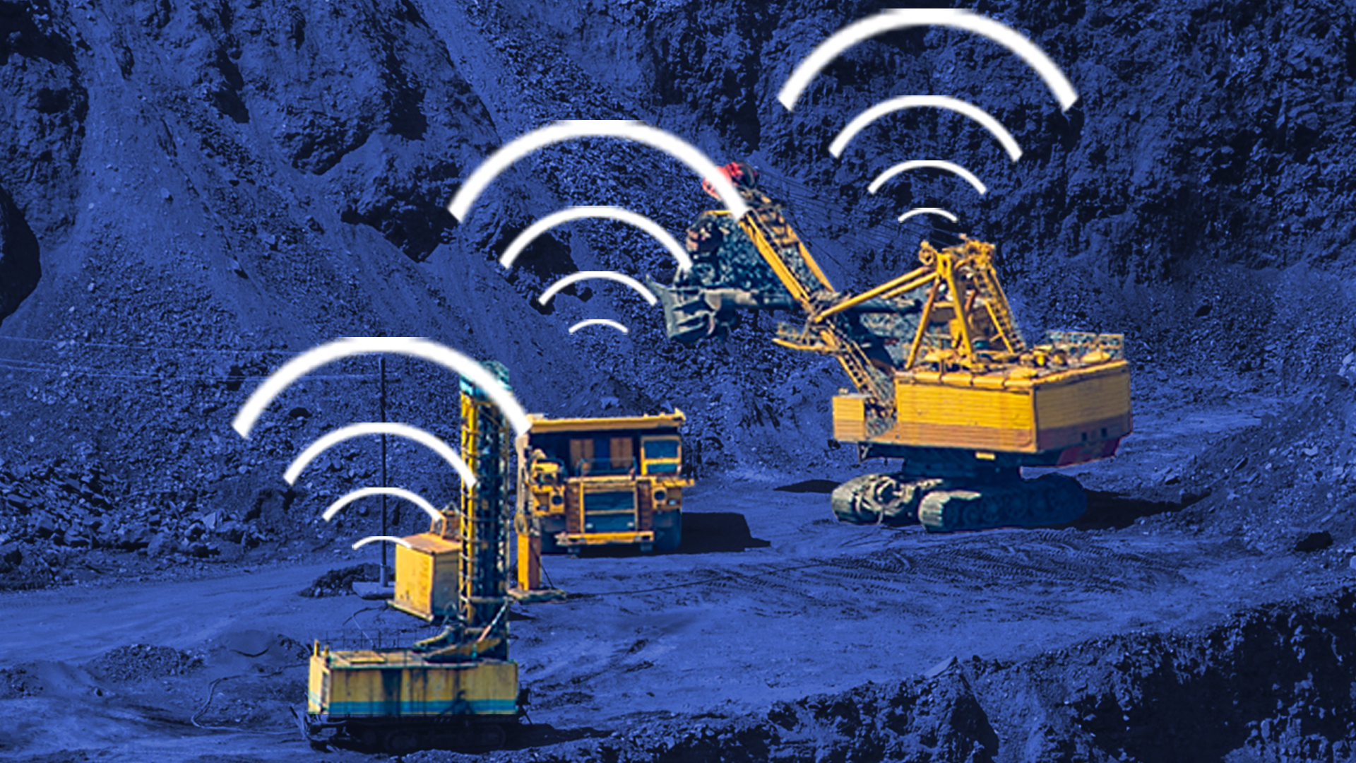 Heavy equipment such as a crane loader, dump truck and drill rig, in an open pit mine using SM2 Locate Asset Tracking System