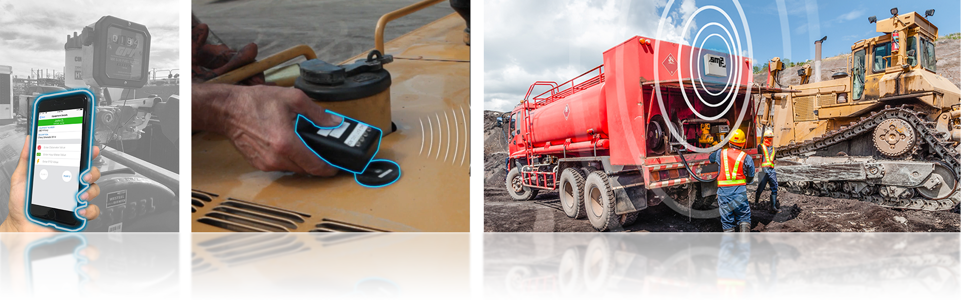 Red fuel truck or bowser dispensing fuel into an open pit mining loader using Coencorp's SM2-Fuel Mobile and SM2-FuelUp management solutions