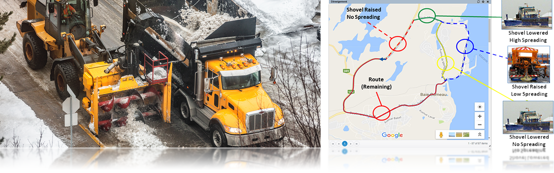 A municipal snow plow and truck removing snow while connected to Coencorp's SM2 Locate fleet telematics GPS asset Management System