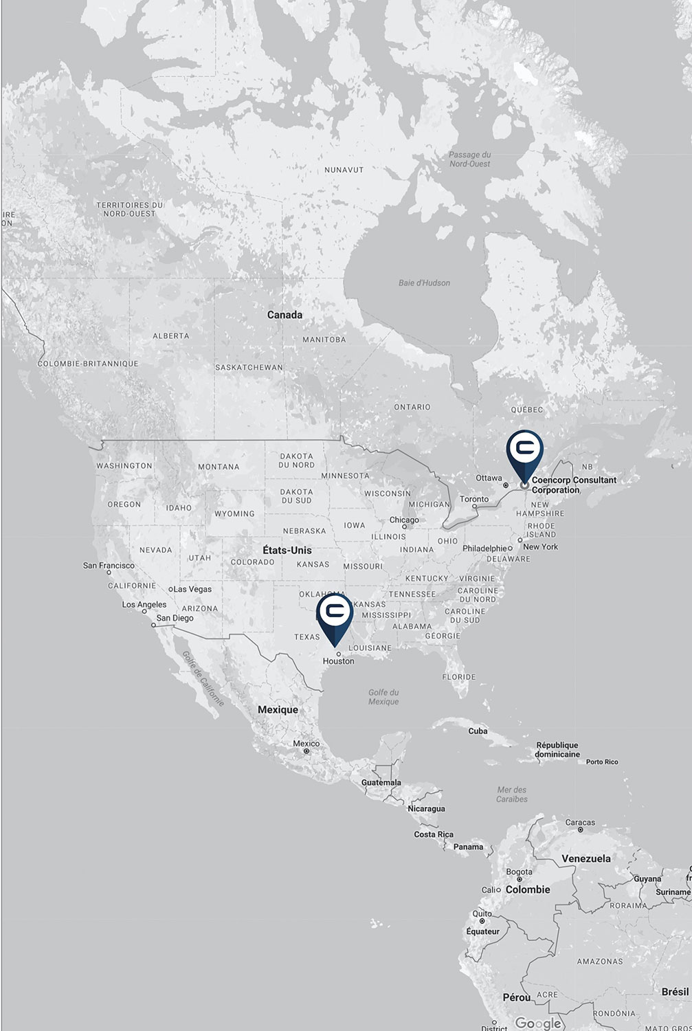 Map of North America showing head offices for Coencorp's Fleet Fuel Maintenance Management Solutions